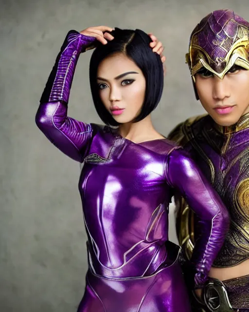 Image similar to photoshoot of a beautiful indonesian woman and handsome incredibly muscular indonesian man, both have short hair and elf ears and both wear a purple futuristic armored superhero costume, photorealistic