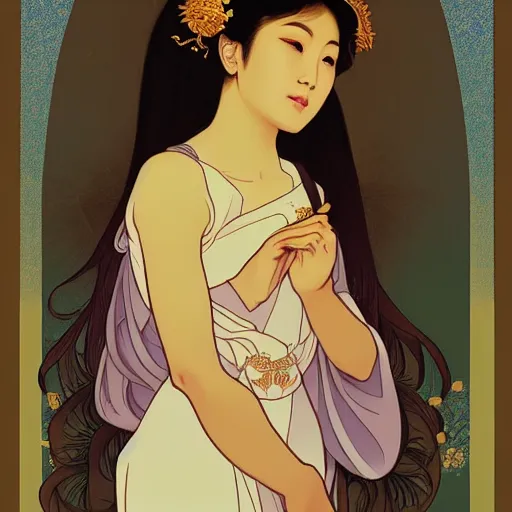 Prompt: a portrait of a very beautiful Asian goddess with halo behind her head, in the style of WLOP and Alphonse Mucha and Ross Tran, facing the camera, dramatic lighting