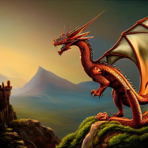 Image similar to Dragon perched on a mountain, matte painting by Anne Stokes