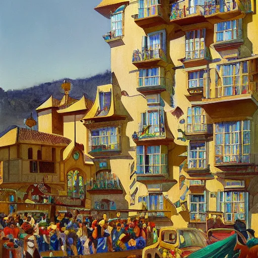 Prompt: a painting of a cubist village with a parade, open windows, chandelier, pillars of marble, waterfalls, fantasy art by JohannesVoss, Donato Giancola, Aleksi Briclot, Eric Deschamps, trending on artstation