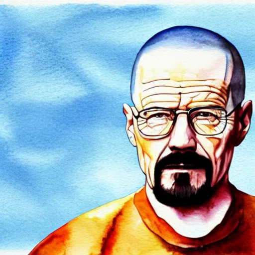 Image similar to a watercolor style paintin of walter white, blue background.