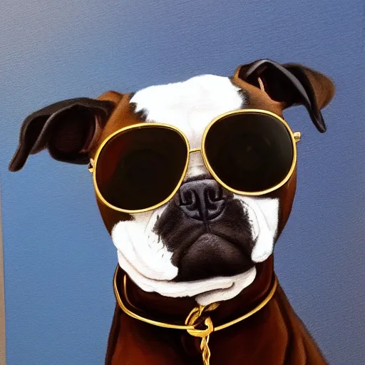 Prompt: young rich dark brown american staffy puppy with a white belly, wearing gold chains round his neck and cool sunglasses, sitting on his rear legs, stylish, rule of thirds, extremely fine detail, gouche, oil painting, artstation