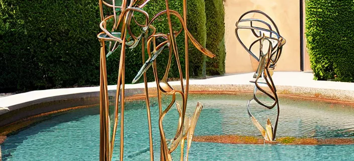 Image similar to bronze fountain, dna helix, in a garden in provence