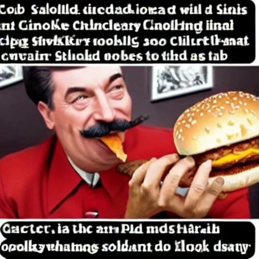 Prompt: stalin eats burger with ketchup while smoking cigar