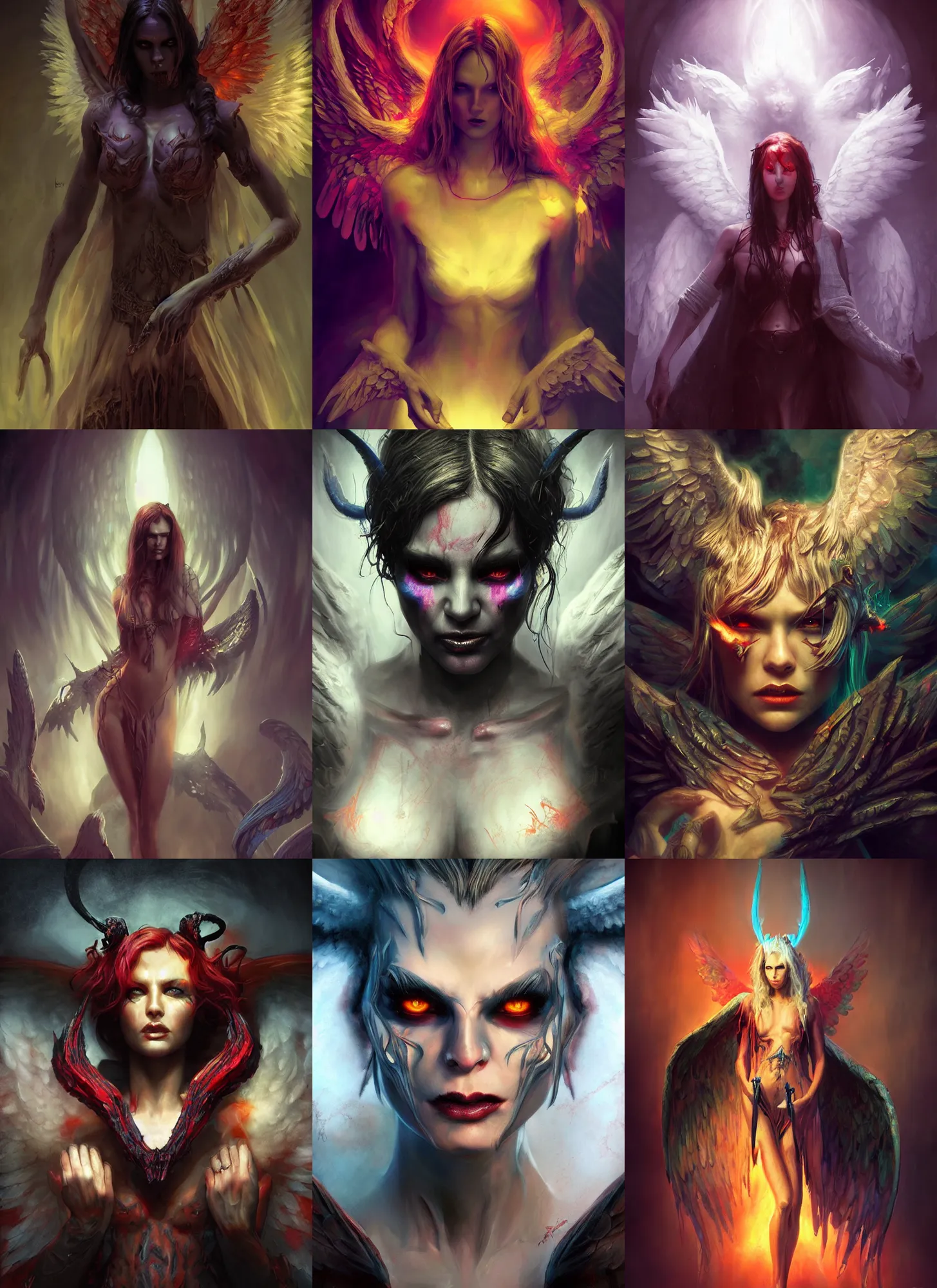 Prompt: angelic demon, vivid colors, dark shadows, contrast, concept art, sharp focus, digital art, Hyper-realistic, 4K, Unreal Engine, Highly Detailed, Dramatic Lighting, Beautiful, by Brom, bastien lecouffe-deharme