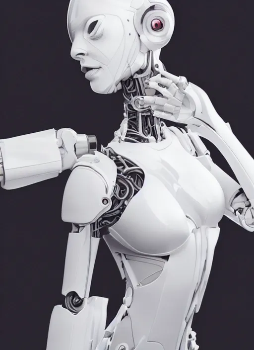 Image similar to white one cast futuristic biomechanics futuristic humanoid, beautiful face, female, futuristic, neon lights, cyberpunk, 8 k, digital painting, by beeple and makoto shinkai, trending on cg society, glamour pose, fashion photography, high fashion, canon r 3, photorealistic, hyper realistic, full body, wide angle shot