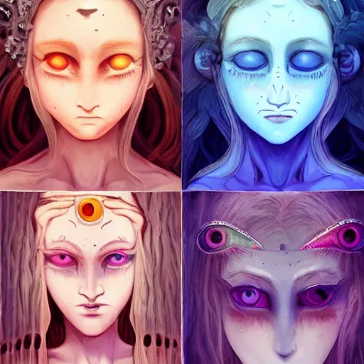 Image similar to !5 three eyed goddesses, third eyes middle of foreheads, long necks, very wide wide shot, very hairy bodies, beautiful colors, eyes in forehead, beautiful lighting, detailed photographs, very detailed, eyes reflecting into eyes reflecting into infinity