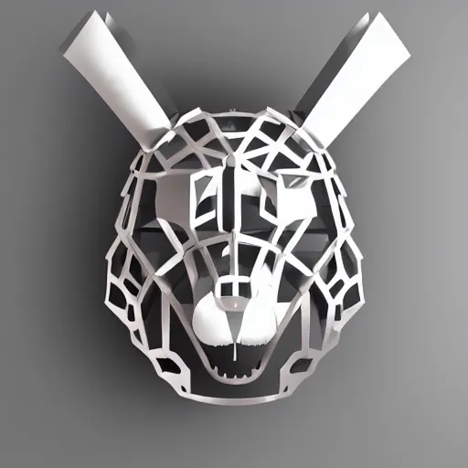 Image similar to a mechanical bear with horns, minimalist style, metal, 3D art