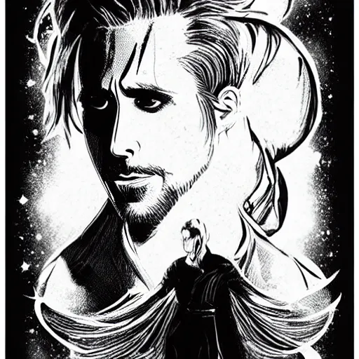 Prompt: black and white pen and ink!!!!!!! MAPPA designed Ryan Gosling wearing cosmic space robes made of stars final form flowing royal hair golden!!!! Vagabond!!!!!!!! floating magic swordsman!!!! glides through a beautiful!!!!!!! Camellia!!!! Tsubaki!!! flower!!!! battlefield dramatic esoteric!!!!!! Long hair flowing dancing illustrated in high detail!!!!!!!! by Moebius and Hiroya Oku!!!!!!!!! graphic novel published on 2049 award winning!!!! full body portrait!!!!! action exposition manga panel black and white Shonen Jump issue by David Lynch eraserhead and beautiful line art Hirohiko Araki!! Rossetti, Millais, Mucha, Jojo's Bizzare Adventure