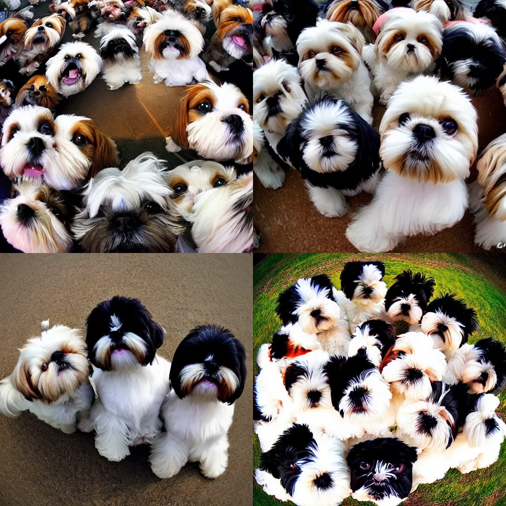 Prompt: extreme fisheye lens photo of lots of shih tzu terrier dogs