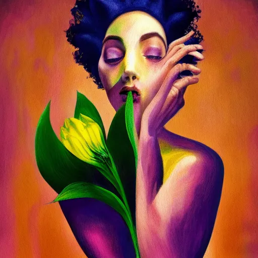 Image similar to huge flower as head, woman standing in a luxury apartment, surreal photography, dramatic light, impressionist painting, digital painting, artstation, georgia o'keeffe