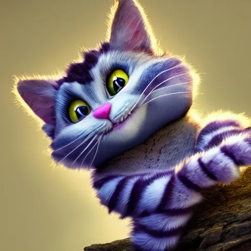 Image similar to full body pose, hyperrealistic photograph of the cheshire cat as a cute kitten, dim volumetric lighting, 8 k, octane beautifully detailed render, extremely hyper detailed, intricate, epic composition, cinematic lighting, masterpiece, trending on artstation, very very detailed, stunning, hdr, smooth, sharp focus, high resolution, award, winning photo, dslr, 5 0 mm