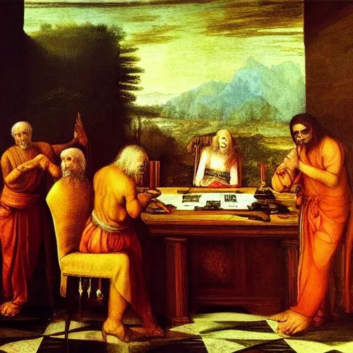 Image similar to a beautiful painting of donald trump being one of the consultants in an indian scam center, by leonardo da vinci, ultra - detailed, 8 k