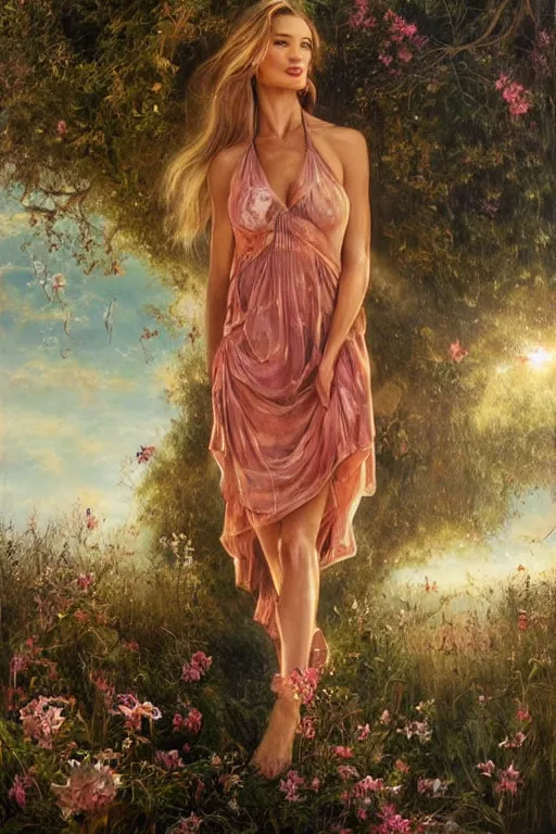 Image similar to Rosie Huntington-Whiteley,big watery eyed, looking at the viewer, sundown misty firefly wisps,double split halter open thigh leaf dress; in the style of Lilia Alvarado, Sophie Anderson, Mark Arian, Bob Byerley, Charlie Bowater, Mark Brooks, Steve Henderson, Justin Gerard, Arthur Hughes, Edward Robert Hughes, Mark Keathley, Victor Nizovtsev, Carlos Shwabe, Ross Tran, WLOP