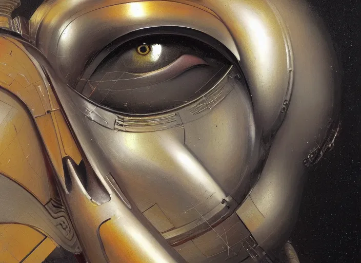 Image similar to a portrait headshot of sci fi metallic human, bright eyes, melancholic complex geometric figure liminal machinery by oskar schlemmer, moebius, john berkey, film grain, oil on canvas, portrait facial head, featured on artstation, hd wallpaper, 8 k