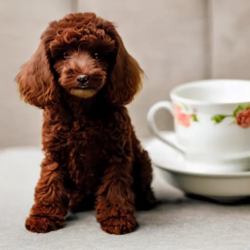 Prompt: very realistic cute brown poodle puppy sitting inside a tea cup