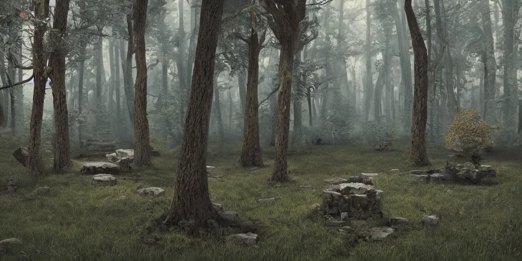 Image similar to 3d painted forest landscape with a single small brutalism monument in the center by james jean, redshift, octane