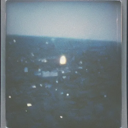 Image similar to a ufo flying over a city, distant!, blurry photo, old polaroid, expired film, historical photo,