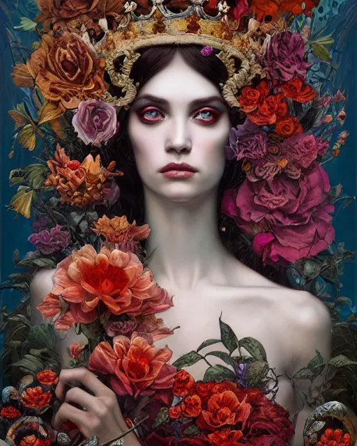 Image similar to portrait of the queen of the underworld, surrounded by flowers by karol bak, james jean, tom bagshaw, rococo, trending on artstation, cinematic lighting, hyper realism, octane render, 8 k, hyper detailed.