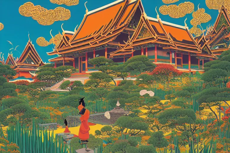 Image similar to summer afternoon, thai temple, rolling mountain, very coherent and colorful high contrast, art by gediminas pranckevicius, geof darrow, franz sedlacek, dark shadows, hard lighting, ukiyo - e, floralpuk risograph print, flowers garden