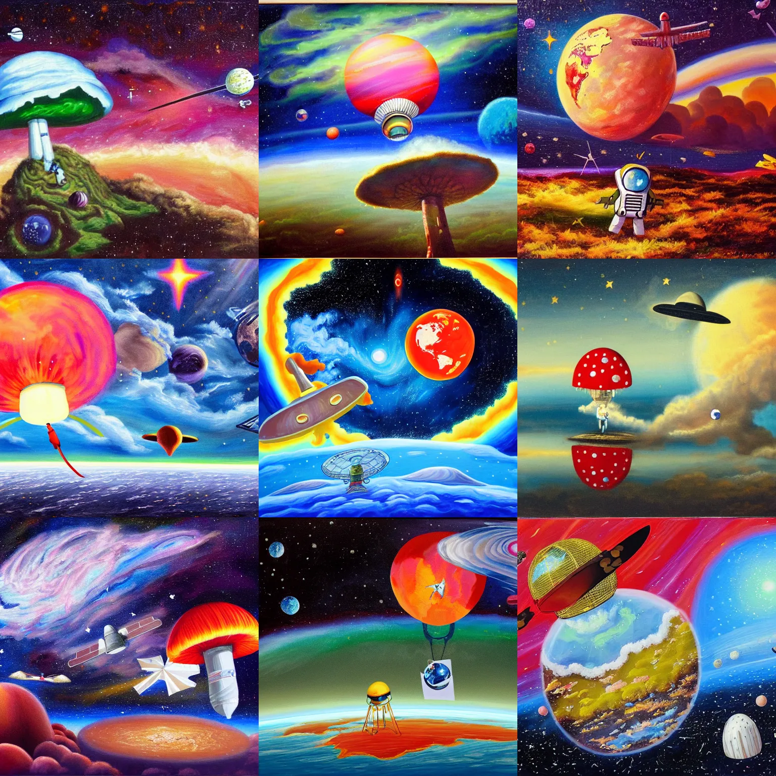 Prompt: a flying island in space, an astronaut standing on the island ramming a fly agaric in the ground, stars and planet earth in the background surrounded by colorful clouds, crude oil painting