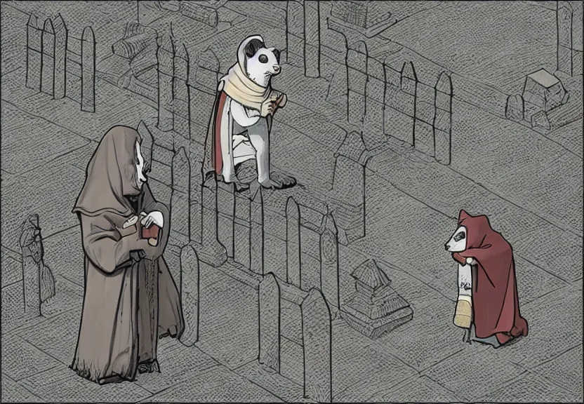 Prompt: a possum dressed like a monk at a medieval cemetery at night, isometric, digital art