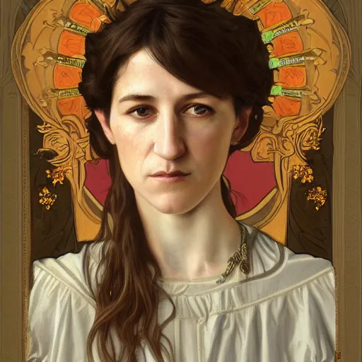 Image similar to portrait of charlotte gainsbourg as joan of arc, hyperreal digital painting, iconography influenced by alphonse mucha and eugene delacroix, arstation and deviantart trends, high resolution 8 k