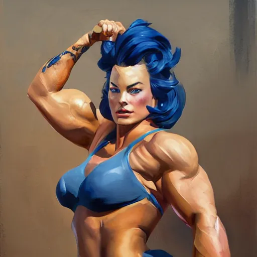 Image similar to greg manchess portrait of margot robbie as thick female bodybuilder zarya from overwatch in disco elysium, 1 3, epic grimdark, fantasy, medium shot, asymmetrical, profile picture, organic painting, sunny day, matte painting, bold shapes, hard edges, street art, trending on artstation, by huang guangjian and gil elvgren and sachin teng