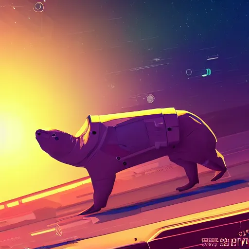 Prompt: capybara in a cyberpunk style space suit, minimalistic, no mans sky style