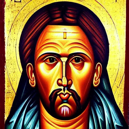 Image similar to nicholas cage, portrait, ancient byzantine icon, roman catholic icon, saintly, orthodox