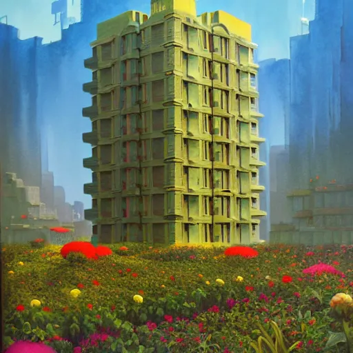 Image similar to a painting of a building surrounded by flowers, a watercolor and matte painting by Beeple and RHADS and maxfield parrish, cgsociety, brutalism, dystopian art, sci-fi, artstation hq