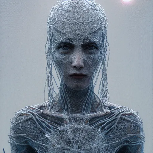 Image similar to Woman portrait, ice crystal wires everywhere, flat background, by Edgar Maxence and Ross Tran, Zdzisław Beksiński, and Michael Whelan, distant, gustav dore, H.R. Giger, 8k, octane render