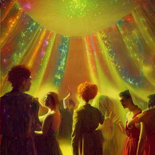Image similar to young people in a fancy vintage nightclub dancing and drinking, partylights, great colors, by agostino arrivabene, trending on artstation