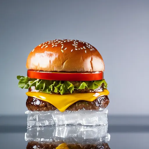 Image similar to a clear ice sculpture of a burger made entirely of ice, 4 k