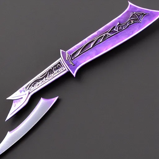 Image similar to european broad sword, narrow blade, vertical running runes on the blade, inscriptions on the blade, highly detailed, 4 k, 8 k, intrinsic design, light purple aura, cinematic lighting, dark grey tint metal, octane render, artstation