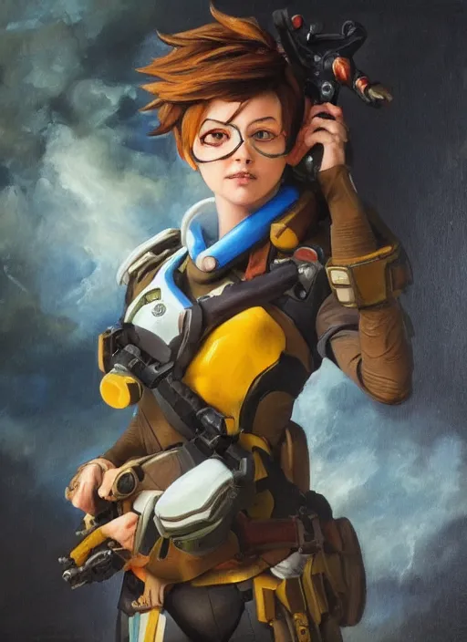 Image similar to oil painting of tracer overwatch full figure in the style of sophie anderson,