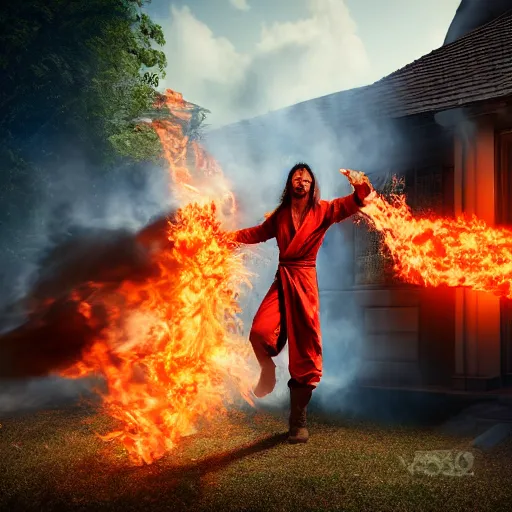 Image similar to a fire mage throwing fireballs at a house, realistic 8 k professional photography, midday lighting, defiant, octane, volumetric lighting, 7 0 mm,