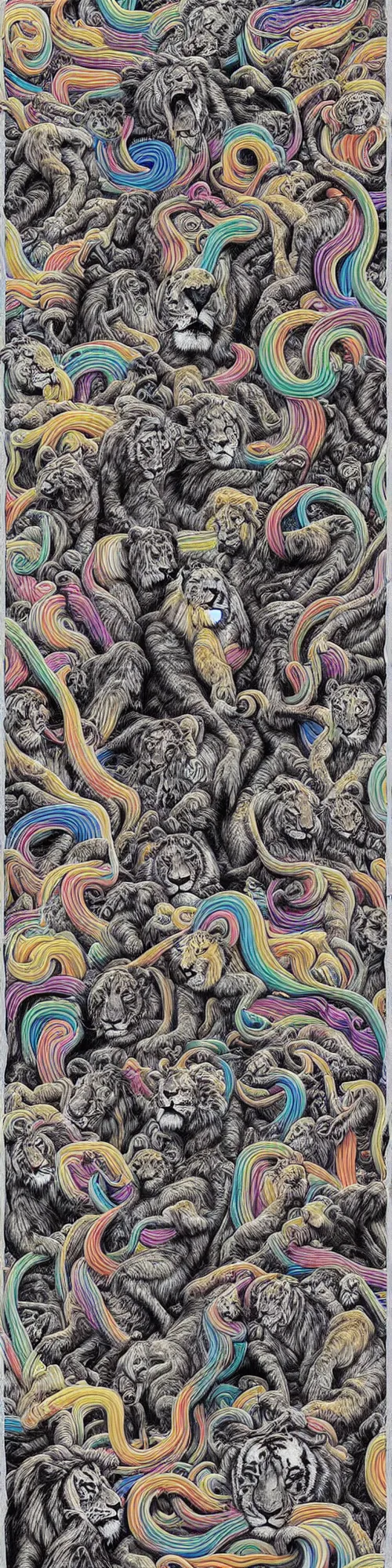 Prompt: lions and tiger and bears dissolving into melted liquid braids, cubensis, aztec, basil wolverton, r crumb, hr giger, mc escher, dali, muted but vibrant colors, rainbow tubing,