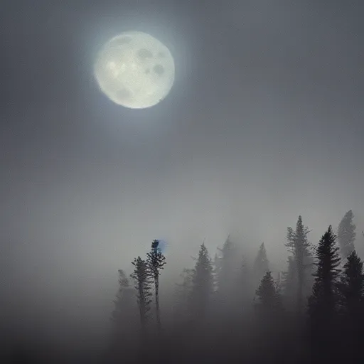 Image similar to tattoo of owl flying at night through fog in the forest lit by the full moon