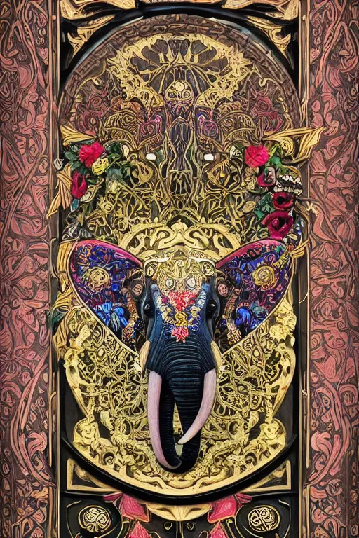 Image similar to Painted dark-wood panel relief carving of a close up of a Flowerpunk Matriarch Elephant, ornate border frame, explosion of colorful flowers, dark wood, intricately carved, black ink, festival of rich colors, intricate details, cinematic lighting, volumetric lighting, post-processing, art nouveau, tarot, fractal art, mandala, by andreas rocha and john howe, and Martin Johnson Heade, featured on artstation, featured on behance, golden ratio, hyper detailed, photorealistic, epic composition, center spotlight, f32, well composed, symmetrical, UE5, 8k