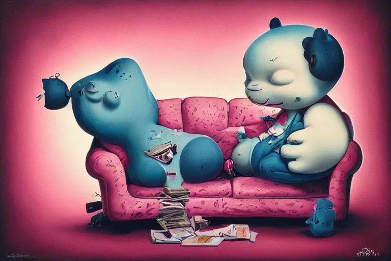 Image similar to a highly detailed pink chubby stuffed animal with dark blue shirt, on a couch, full body, wide angle, an ultrafine detailed painting by joe fenton, trending on deviantart, pop surrealism, whimsical, lowbrow, perfect symmetrical face, sharp focus, octane, masterpiece