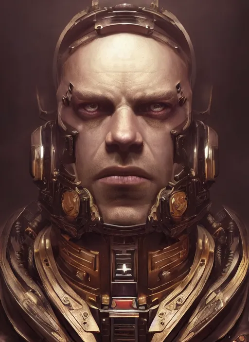 Image similar to hyper realistic portrait of warhammer android face symmetric cinematic, chaos marine, artstation, cgsociety, full head, greg rutkowski, james gurney, mignola, craig mullins, brom