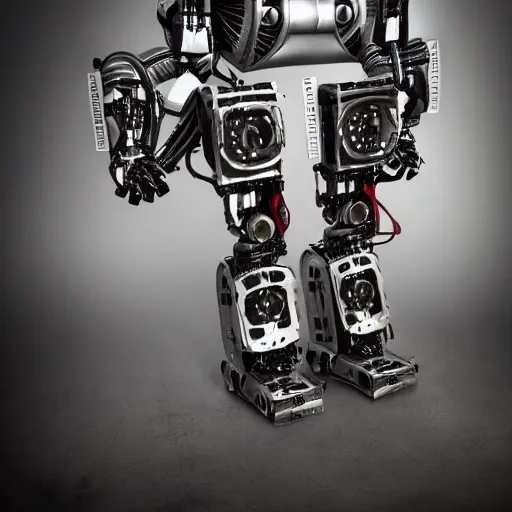 Image similar to humanoid robot made up of old car parts and electronics, hyper realistic, high quality, high resolution