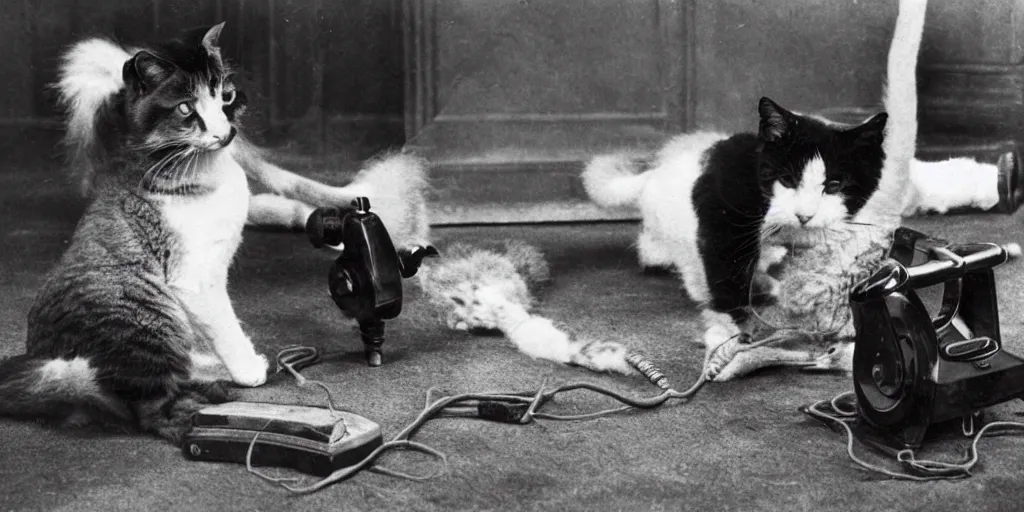 Image similar to stunning old black and white photo of very serious cats have absolutely no idea how to use old rotary telephones and decide to knock them over in frustration, very funny and ironic, humor, film grain 1903