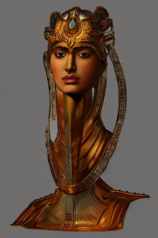 Image similar to the Greek godess Hera looking angry, rusty armor, portrait, 3D render