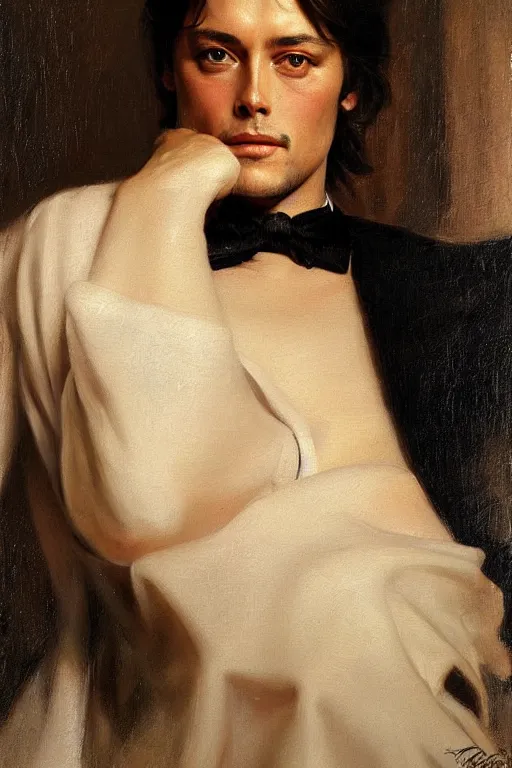 Image similar to portrait en buste alain delon by mark arian, by hughes merle, by pierre auguste cot, perfectly detailed eyes oil on canvas, masterpiece, realism,