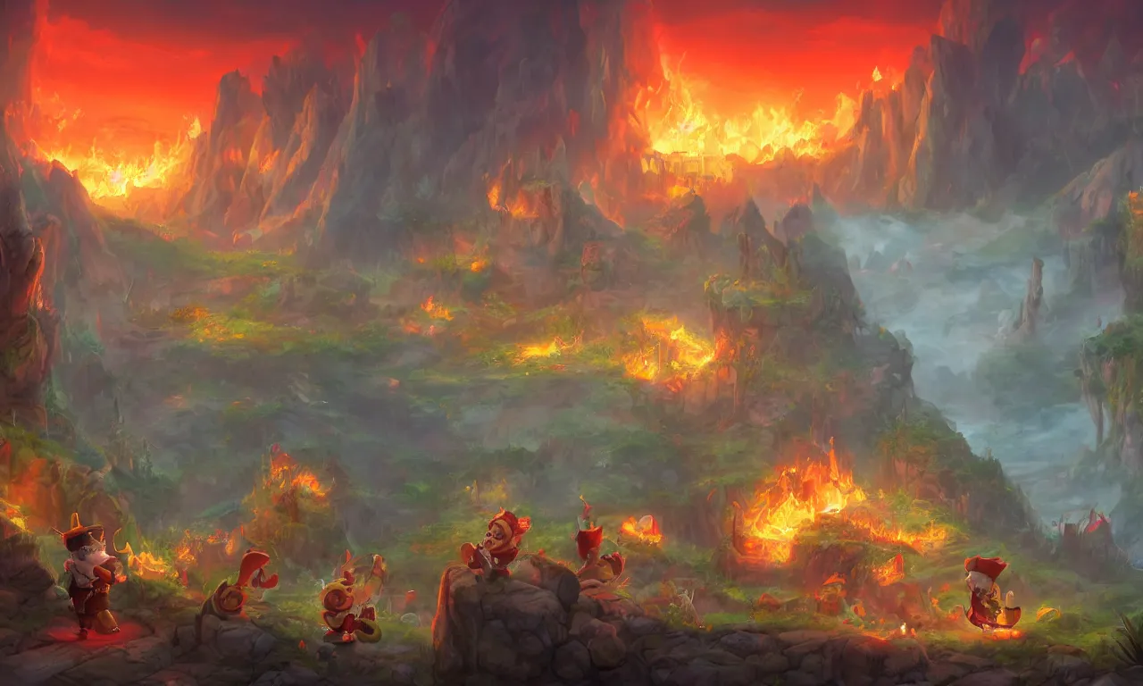 Prompt: landscape shot of a fantasy world on fire in the distance, on the right stands an innocent cartoony gnome man with a red hat in the foreground, overalls and a white beard, he has a devastated expression, digital art, 4 k, cartoon, fantasy world, dramatic lighting