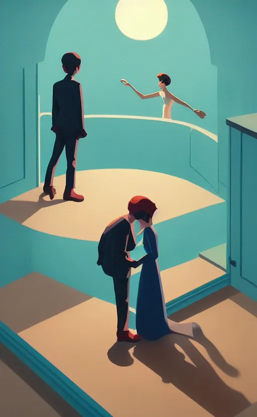 Image similar to young love, surreal illustration, by atey ghailan and escher and edward hopper