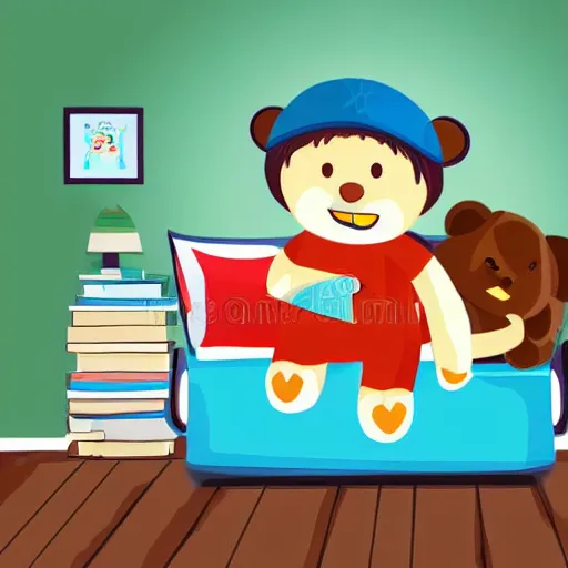 Image similar to little kid in his room holding teddy bear in style of kids book illustration