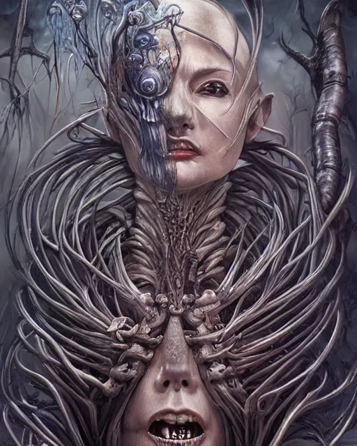 Image similar to death is swallowed up in victory, very detailed and beautiful womans face, screaming with fear, artwork by artgerm, centered shot, wide angle, full body, elfpunk, artwork by naoto hattori, giger, landscape art by john howe